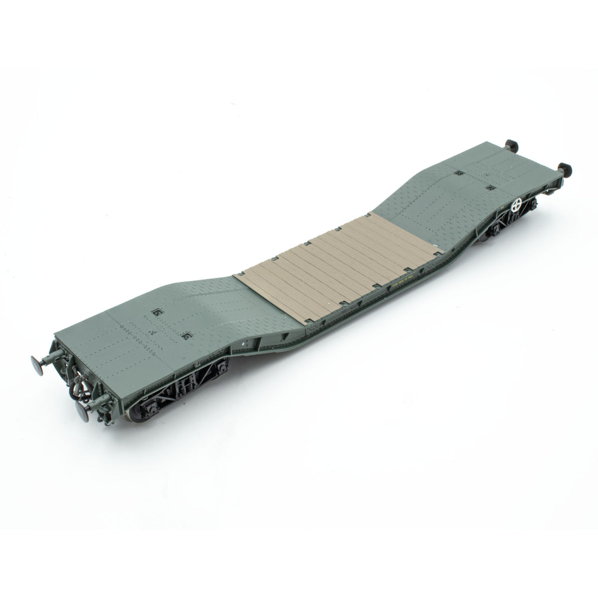 50t 'Warwell' military flat with diamond frame bogies in MOD 1960s gre ...